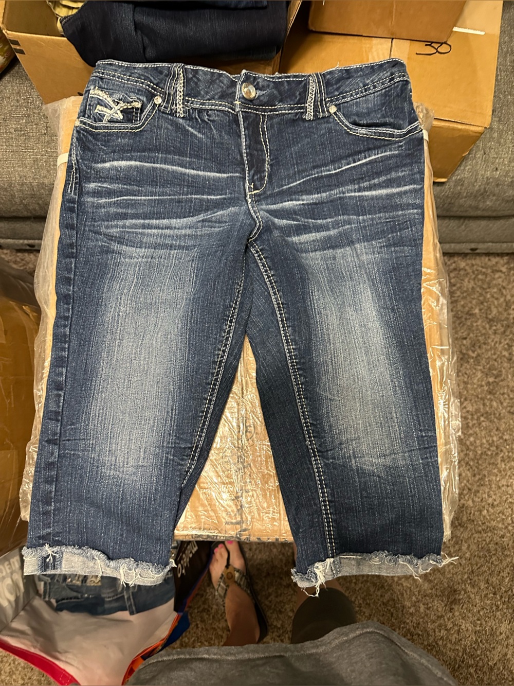 Anthropologie Distressed Dark Blue Cropped Fringe-Hem Jeans